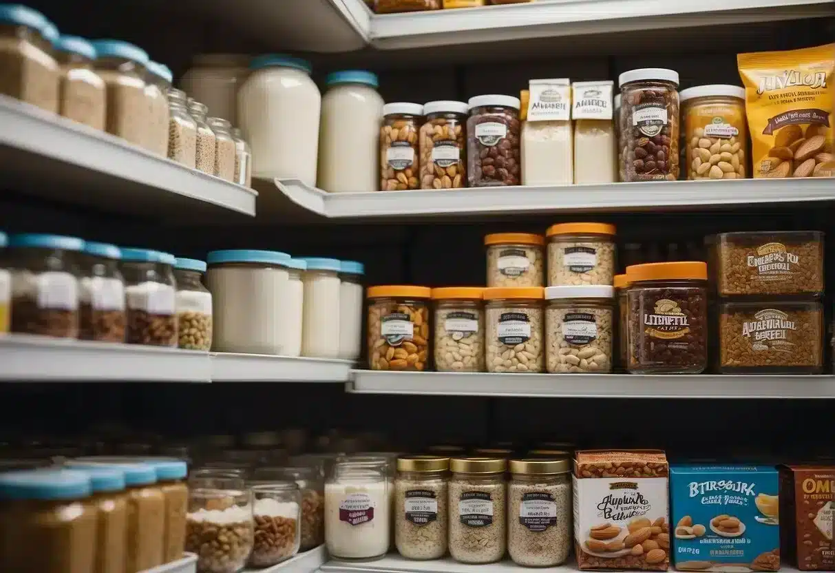 A pantry stocked with nuts, seeds, and jerky. A shopping cart filled with Greek yogurt, cottage cheese, and protein bars