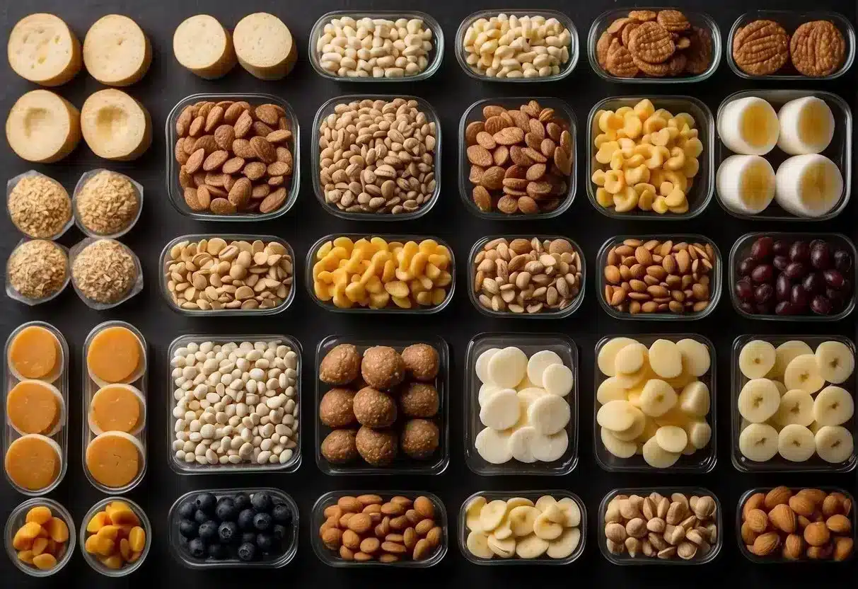 A variety of high-protein snacks displayed on a clean, organized surface with clear labels and portion sizes=