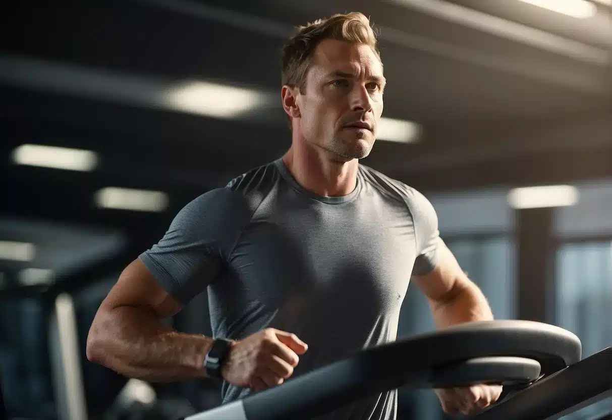 A person walks briskly on a treadmill, sweat glistening on their forehead. The speed is set for weight loss, their body in motion