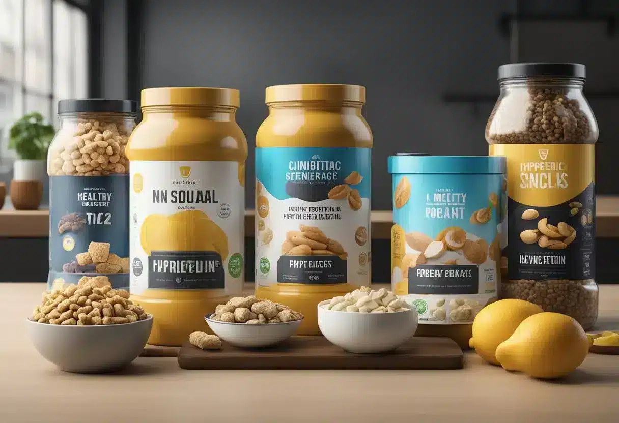 A variety of high protein snacks displayed on a table with labels indicating their benefits for a healthy diet