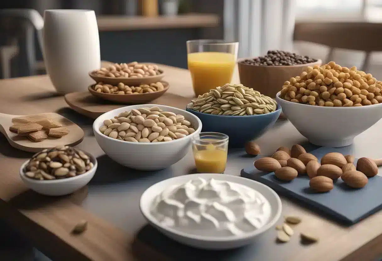 A table with a variety of high protein snacks: nuts, seeds, Greek yogurt, lean meats, and protein bars. A measuring scale and nutrition labels are visible