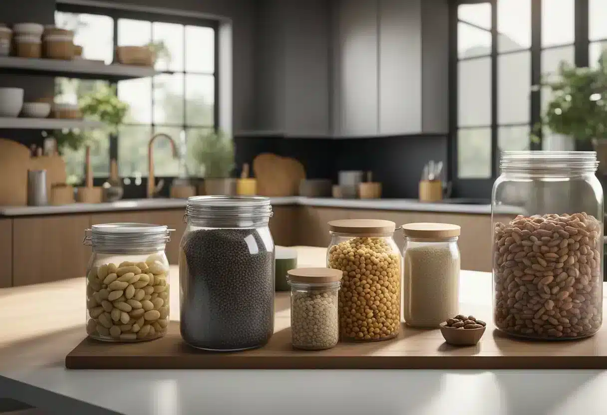 A kitchen counter with a variety of nuts, seeds, and protein bars. A pantry with labeled containers of dried fruits, jerky, and protein powder