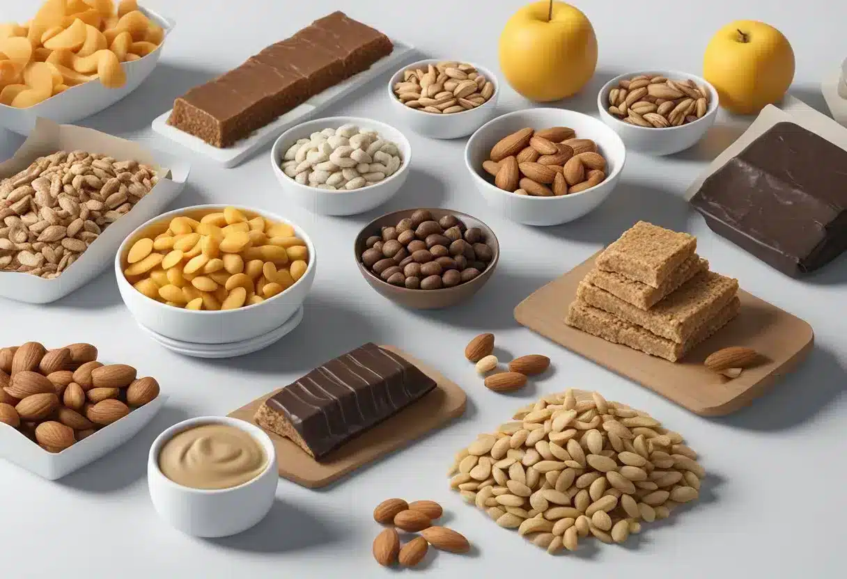 A variety of portable protein snacks arranged on a table, including nuts, jerky, protein bars, and single-serve packets of nut butter