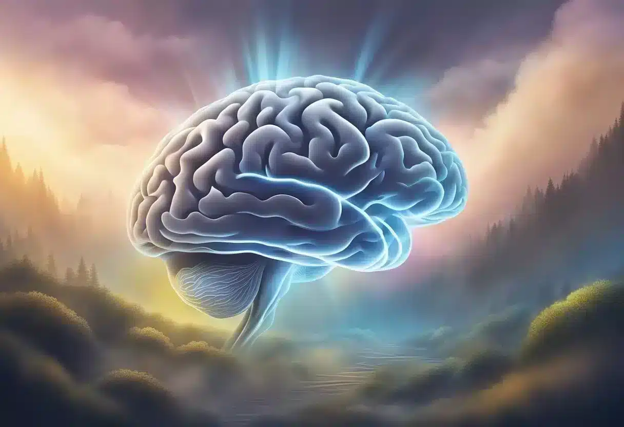 The brain is surrounded by swirling hormonal influences, creating a foggy atmosphere. Healthy habits emerge as rays of light, piercing through the haze
