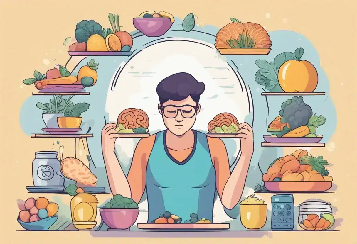 A person engaging in mental exercises, eating brain-boosting foods, and getting regular exercise to clear brain fog