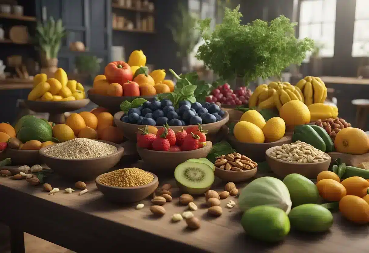 A table with colorful fruits, vegetables, nuts, and whole grains. A variety of herbs and spices are scattered around the ingredients