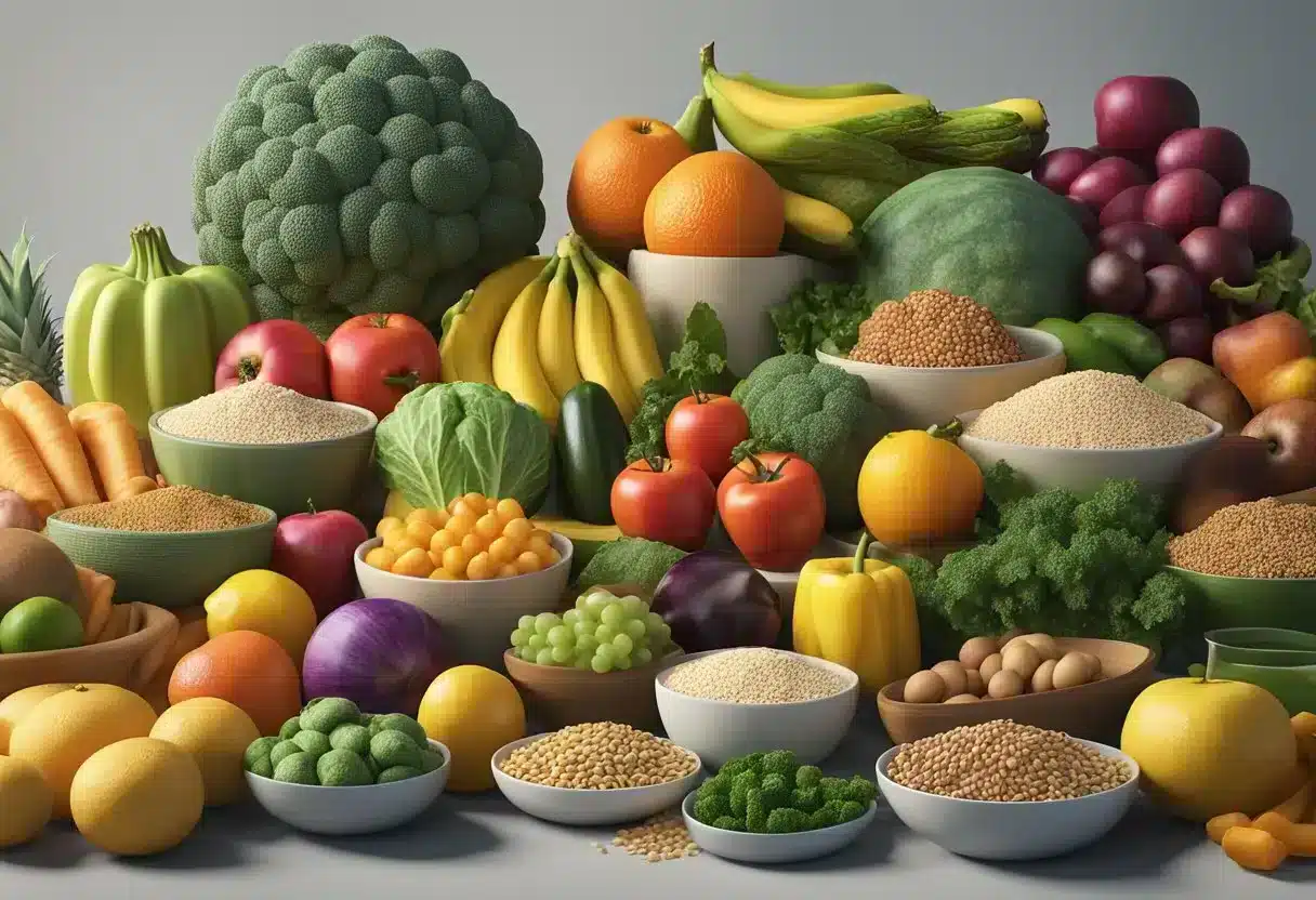 A colorful array of fruits, vegetables, whole grains, and lean proteins laid out on a table, with a focus on anti-inflammatory foods for a menopause-friendly diet plan