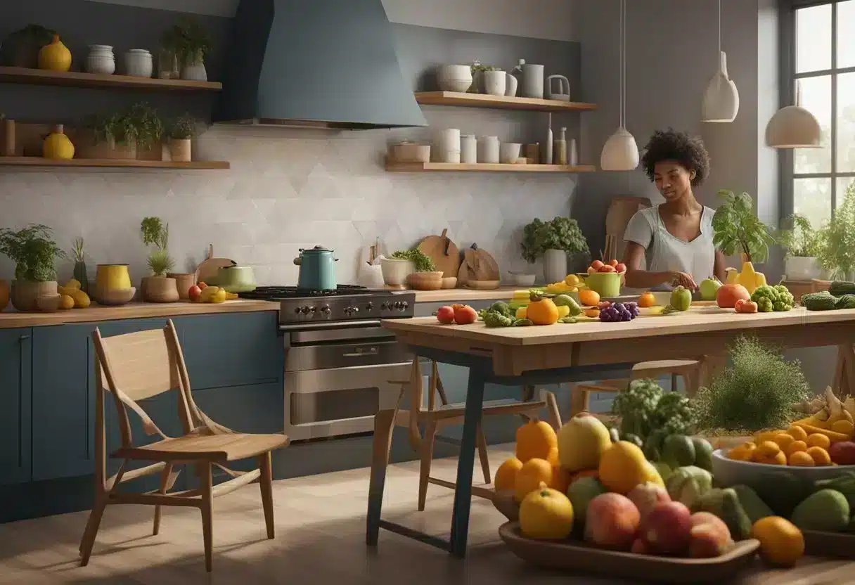 A dining table set with colorful fruits, vegetables, and whole grains. A woman cooking in the kitchen, surrounded by herbs and spices