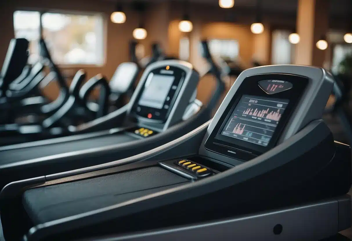 A treadmill set at a brisk pace, with speed and incline buttons visible. A weight loss progress chart and a timer displayed nearby