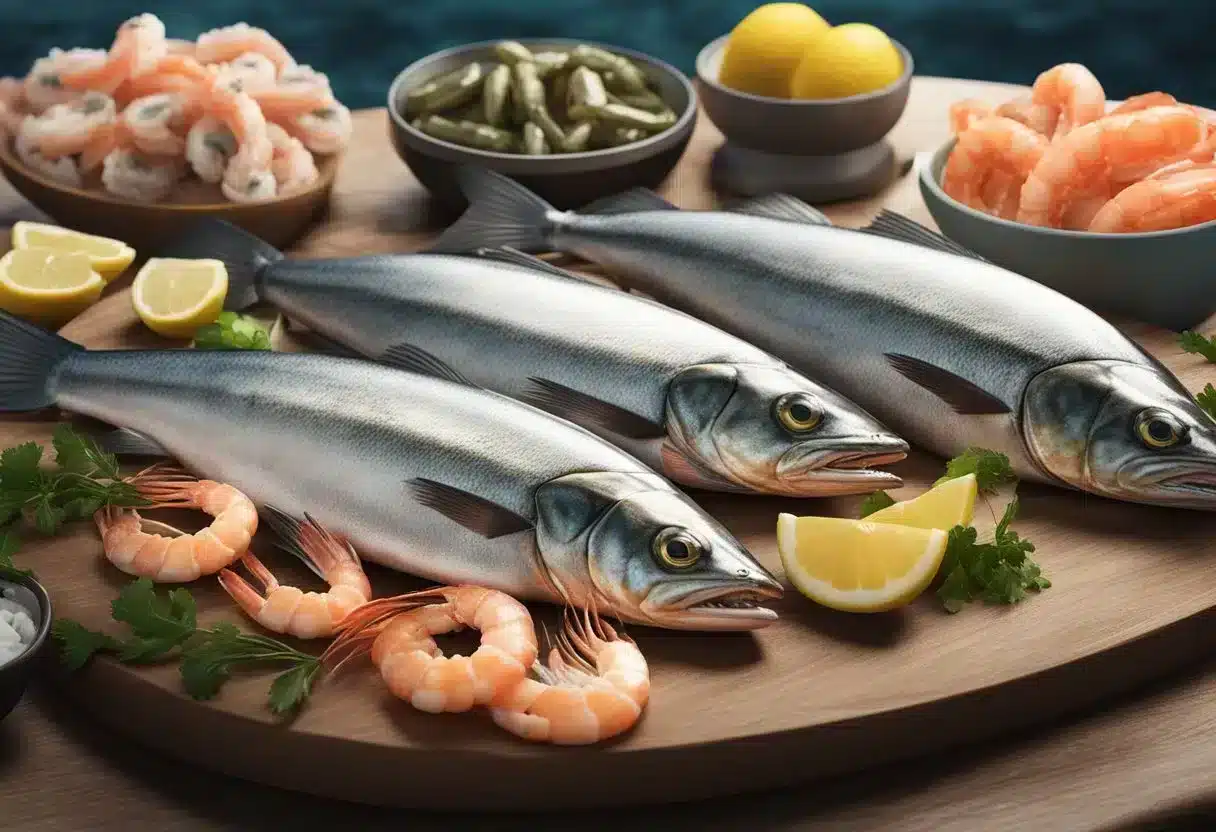 A variety of seafood, including salmon, sardines, and shrimp, displayed on a table with a sign reading "Best seafood for diabetes."