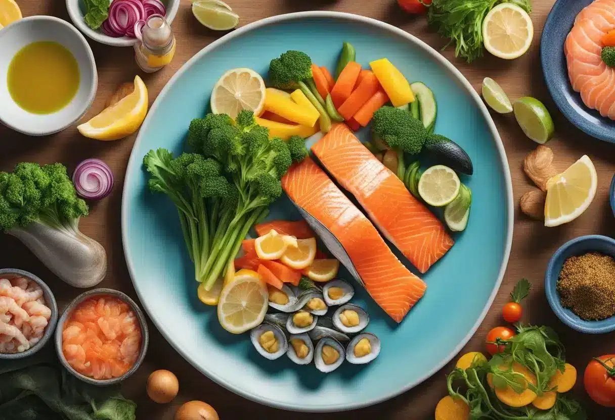 A colorful array of seafood, including salmon, tuna, and shrimp, is arranged on a plate next to vibrant, fresh vegetables. The focus is on the variety and freshness of the seafood, highlighting its importance in a diabetes diet