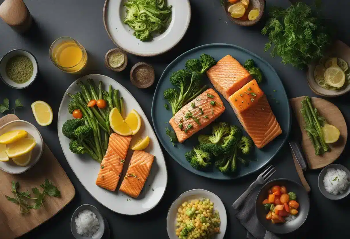 A person with diabetes safely enjoying grilled salmon and steamed vegetables