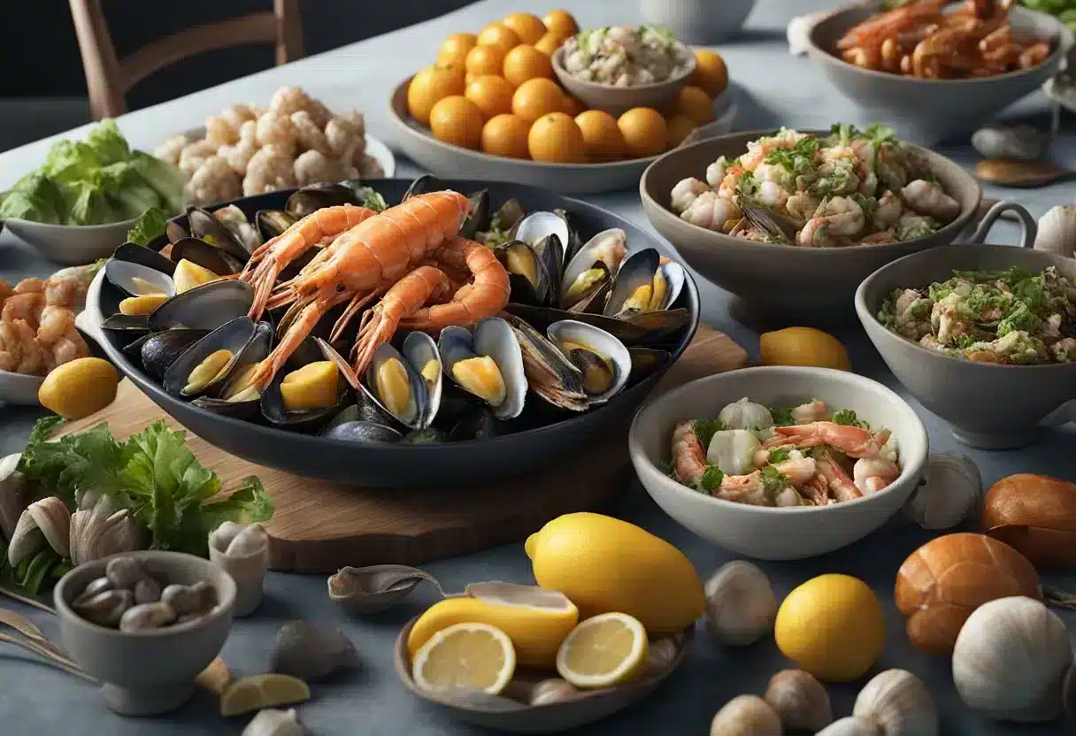 A table set with a variety of shellfish, including shrimp, crab, and mussels, surrounded by fresh vegetables and fruits