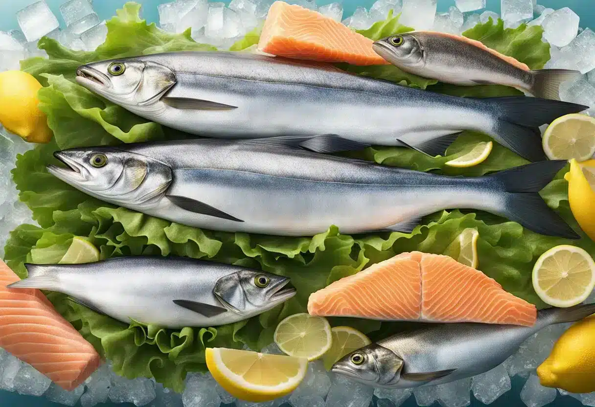 A colorful array of fresh fish and seafood, including salmon, tuna, and sardines, displayed on a bed of ice with vibrant green lettuce and lemon slices