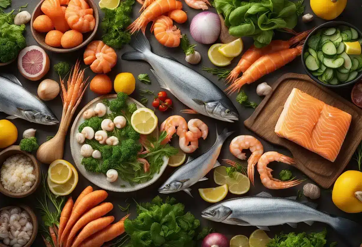 A colorful array of seafood - salmon, shrimp, and scallops - arranged around a vibrant assortment of fresh vegetables and herbs