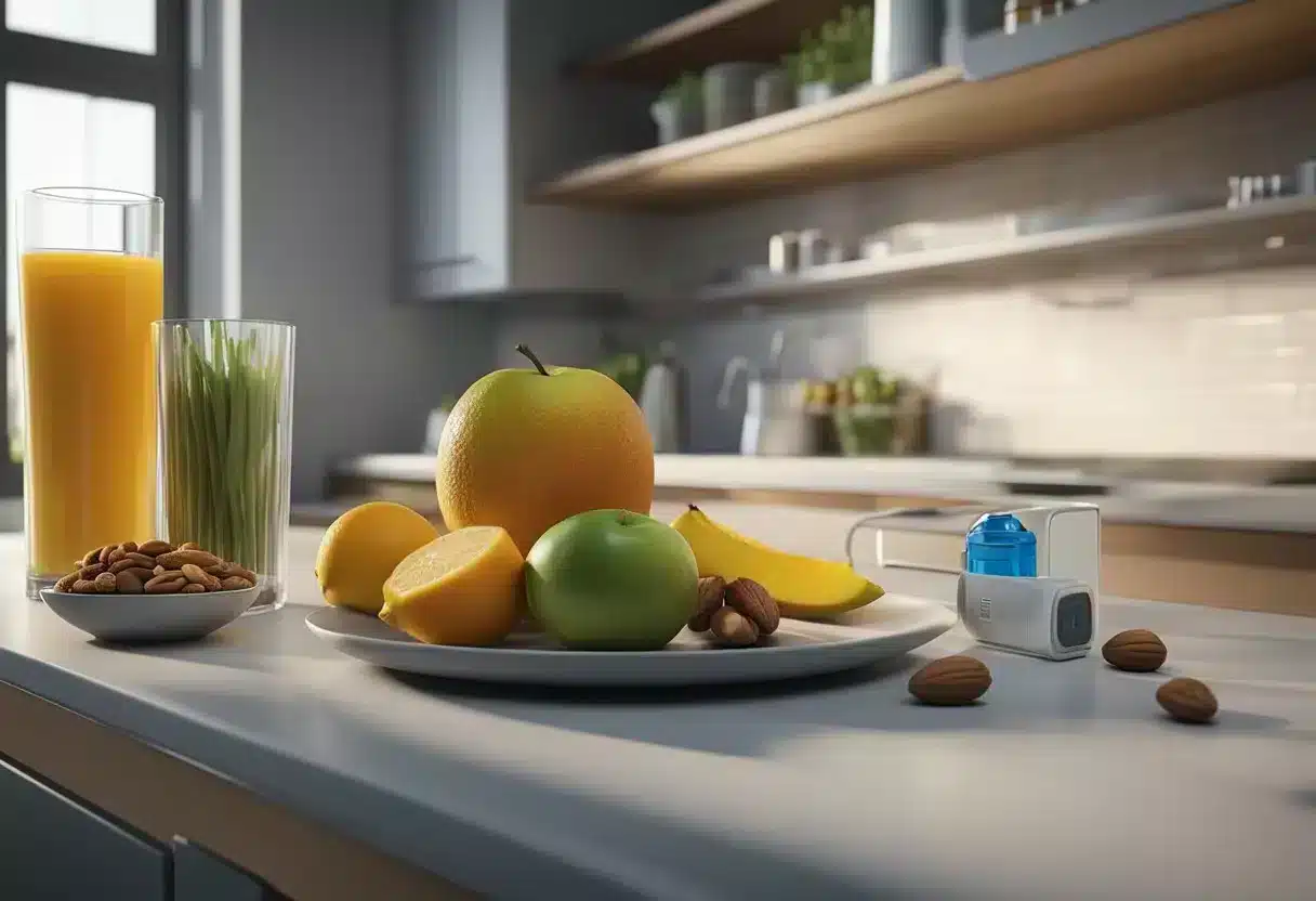 A dimly lit kitchen counter with a plate of sliced fruits, nuts, and a glass of water. A glucose meter and insulin pen sit nearby, emphasizing the importance of mindful snacking for diabetes management