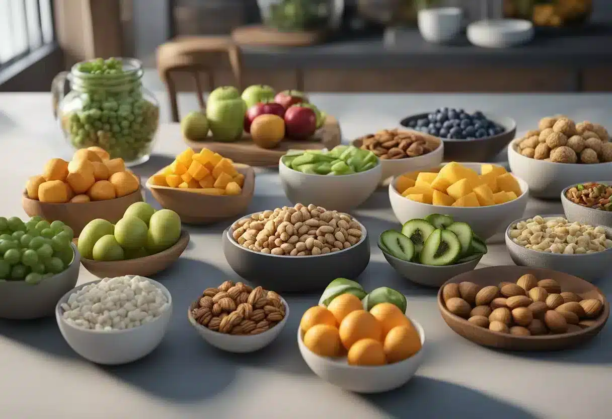 A table displays various healthy snacks in small portion sizes=