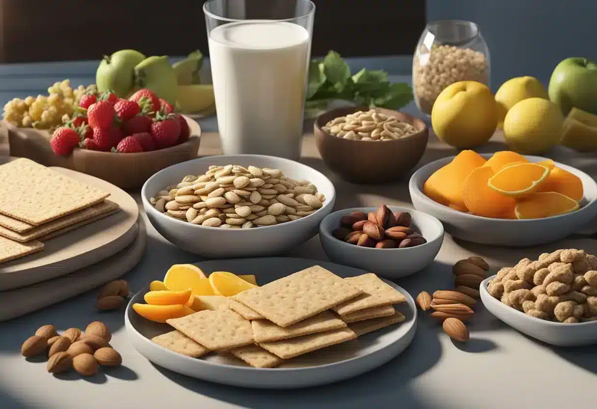 A table with a variety of healthy, low-glycemic index snacks like whole grain crackers, nuts, and fresh fruit. A diabetes-friendly cookbook and a blood glucose monitor are also present