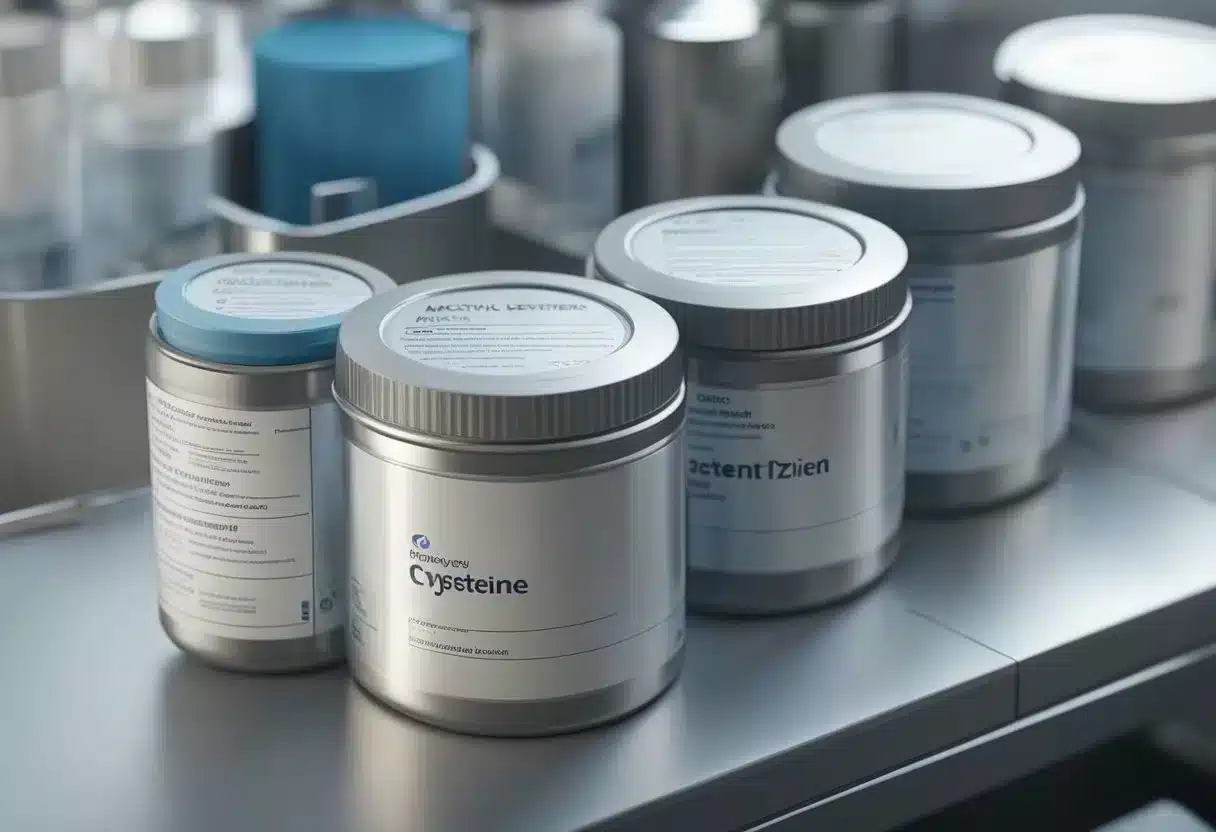 Acetyl cysteine in clinical use, dosage. Depict a container of acetyl cysteine with dosage instructions, and a medical professional administering it