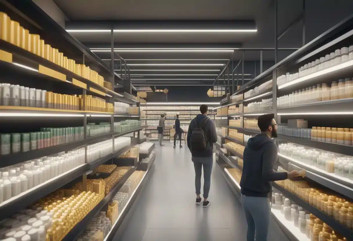 A crowded marketplace with empty shelves marked "N-acetylcysteine" and confused customers looking for the supplement