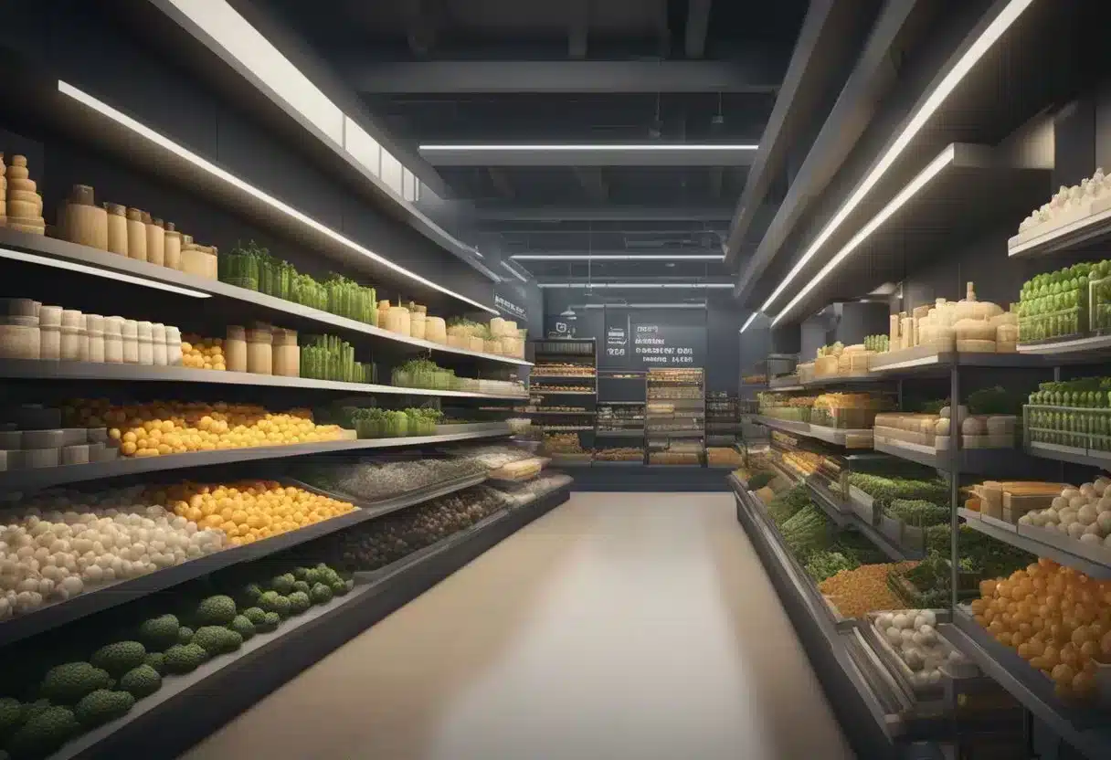 A crowded market with empty shelves labeled "N-acetylcysteine" and confused customers asking why it's no longer available