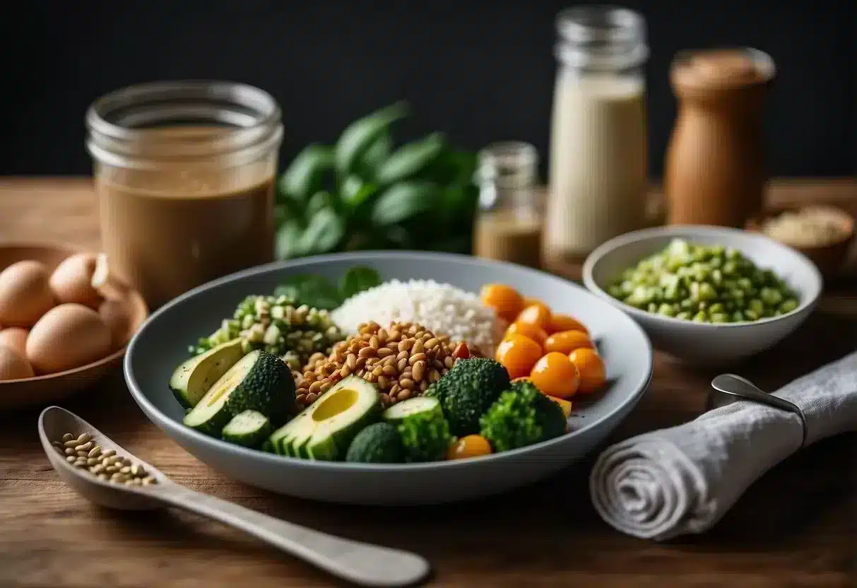 A table with keto and vegan food options, surrounded by eco-friendly packaging and sustainable kitchen utensils