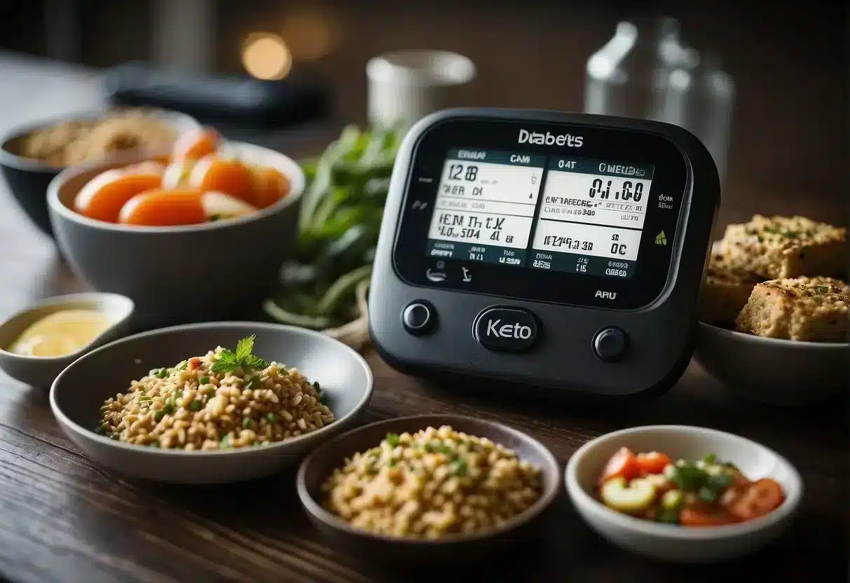 A split-screen comparison of keto and vegan meal options, with a diabetes monitor in the background