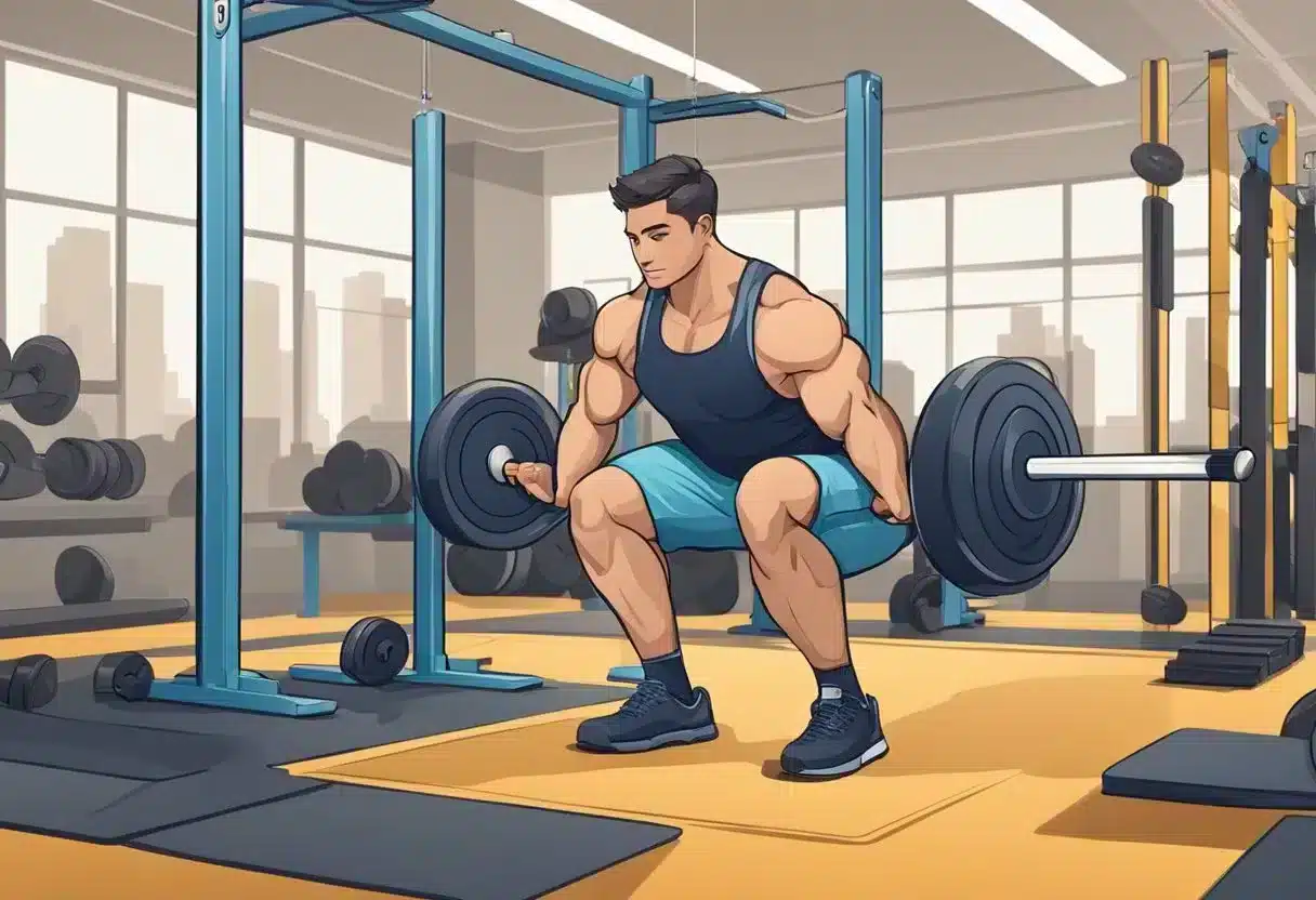 A person lifting weights with proper form, surrounded by safety equipment and a trainer monitoring their progress