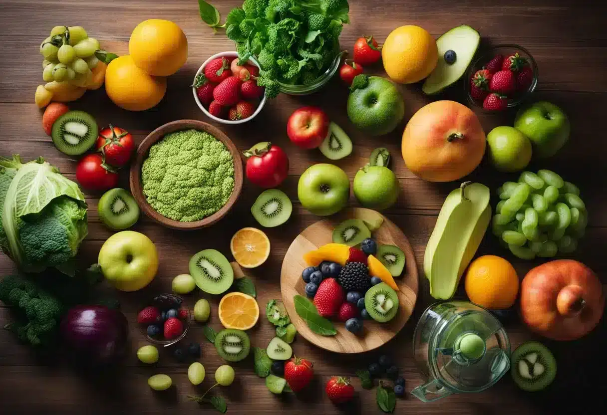 A table with various fruits, vegetables, and a blender. A sign reads "Smoothies for Belly Fat Loss."