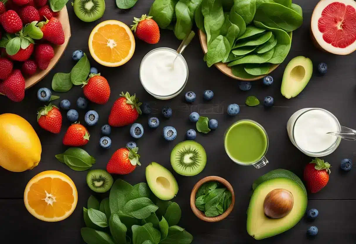 A table with fresh fruits, vegetables, and a blender. Ingredients include spinach, berries, avocado, and Greek yogurt. Text reads "Belly Fat Loss Smoothies."