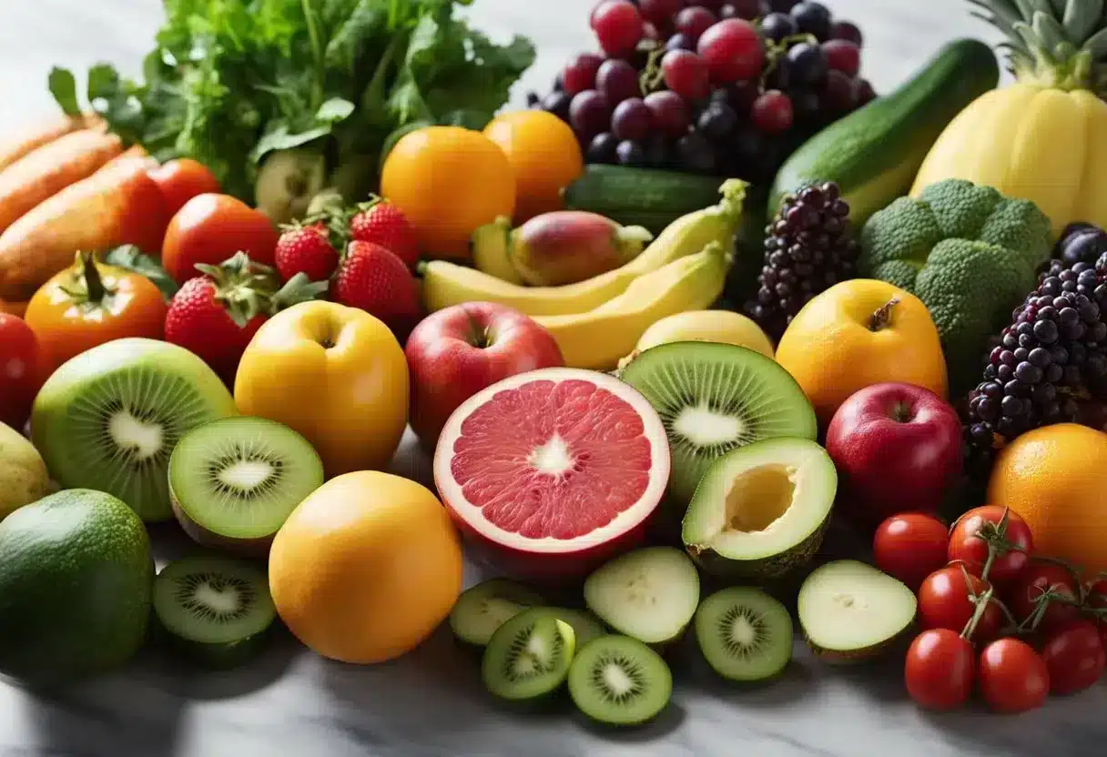 A variety of fresh fruits and vegetables are laid out on a kitchen counter, ready to be blended into a vibrant and nutritious smoothie