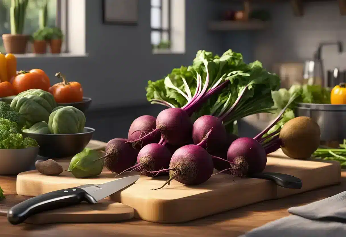 Beets on a cutting board with a knife, surrounded by various vegetables and a nutrition chart in the background