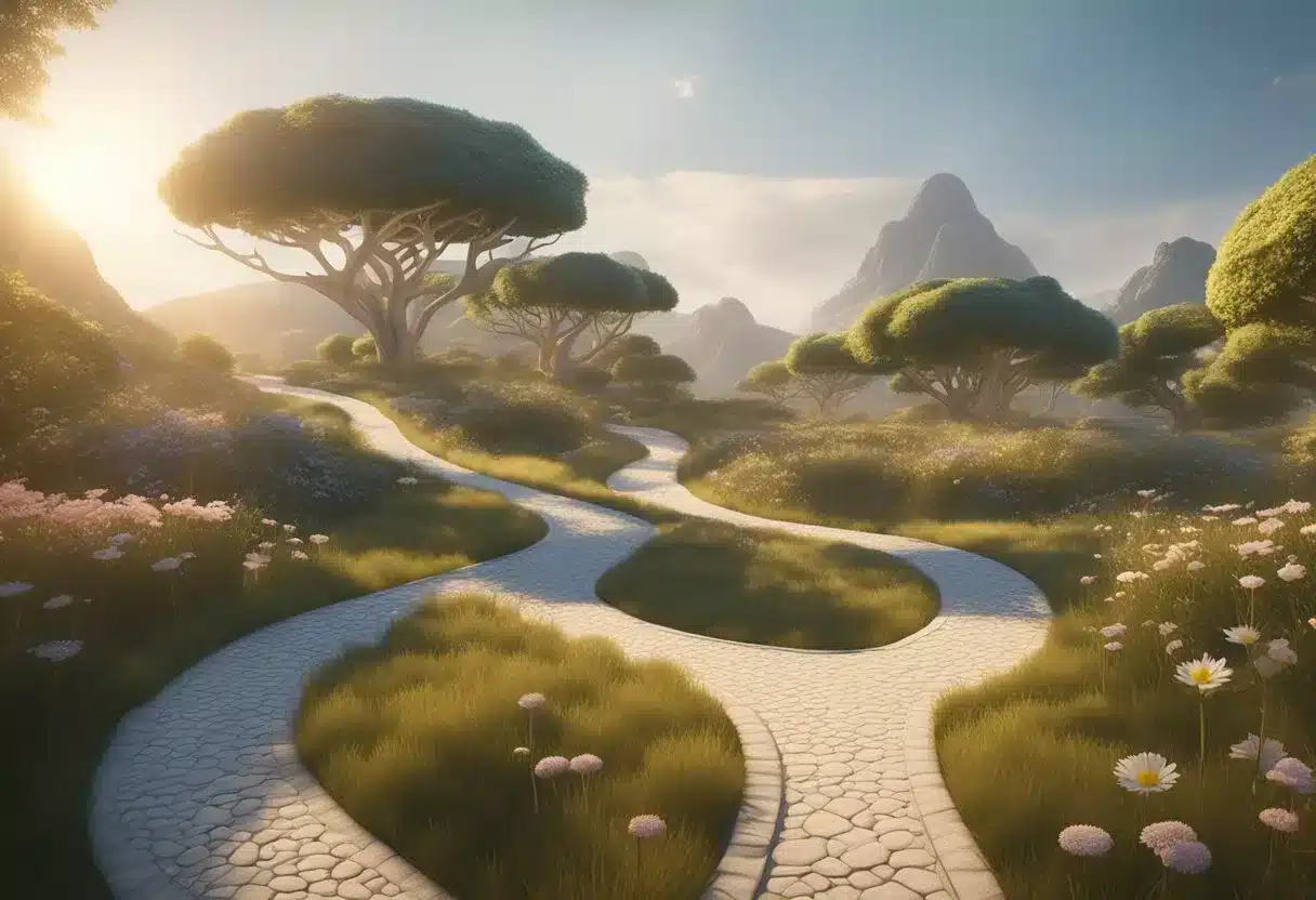 A serene landscape with a winding path leading to a bright, glowing brain surrounded by symbols of happiness and cognitive activities