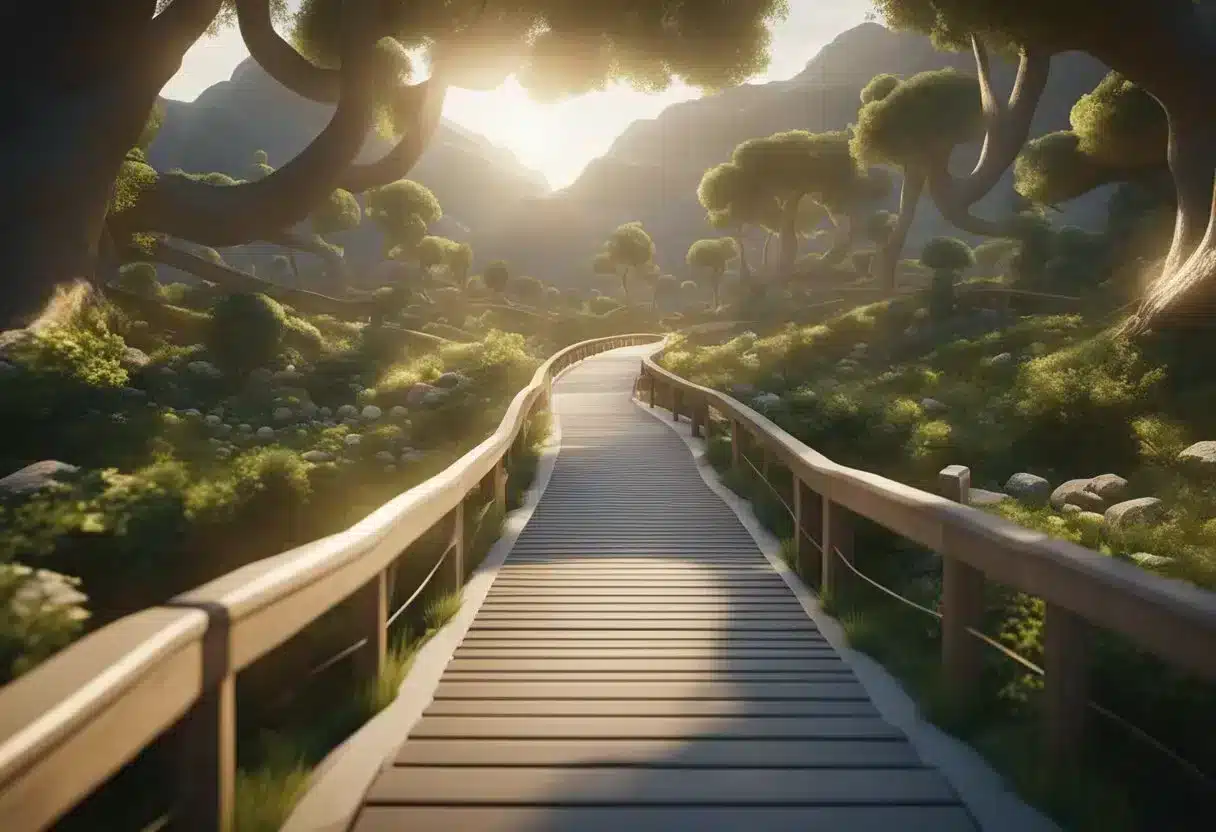 A winding path leads through various life stages, with the brain at the center, showcasing the journey of happiness