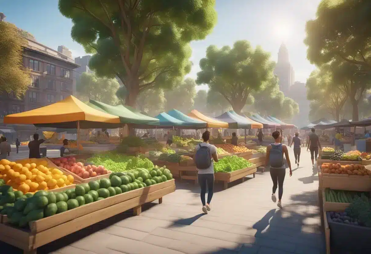 A vibrant city park with people jogging, reading, and doing yoga. A variety of colorful fruits and vegetables fill a nearby market stall