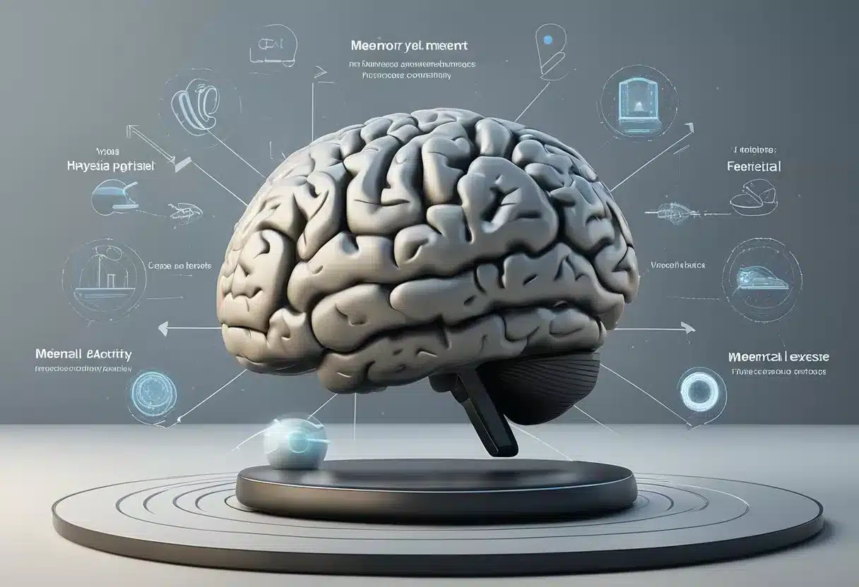 A brain surrounded by various forms of physical activity equipment, such as weights, yoga mats, and exercise bikes, with arrows pointing towards the brain, symbolizing the importance of physical activity on memory function