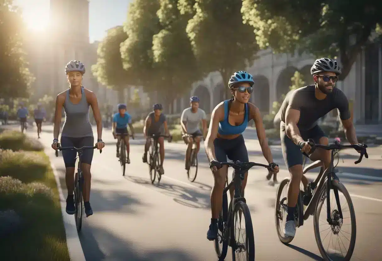 A group of people engaged in various physical activities, such as running, cycling, and yoga, with a focus on the positive impact on memory function