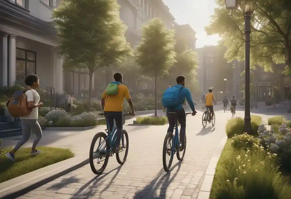 People engaging in various physical activities in everyday settings, such as walking, biking, or doing household chores, with a focus on the positive impact on memory function