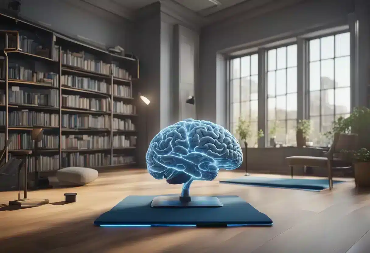 A brain with neurotransmitters connecting to a treadmill, weights, and yoga mat, surrounded by books and a memory puzzle
