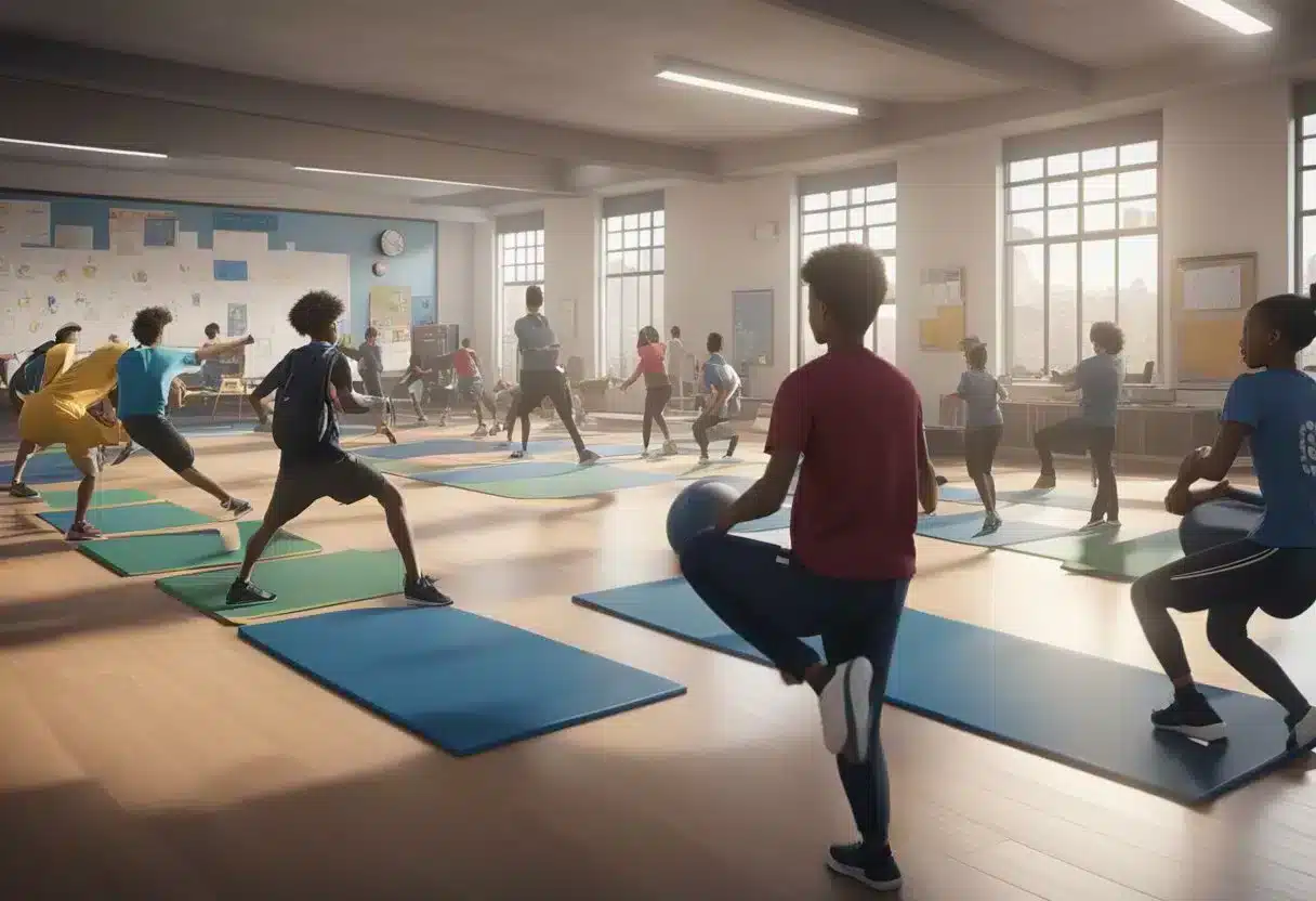A classroom setting with students engaged in physical activities, such as sports or exercise, while surrounded by visual representations of academic success and memory function