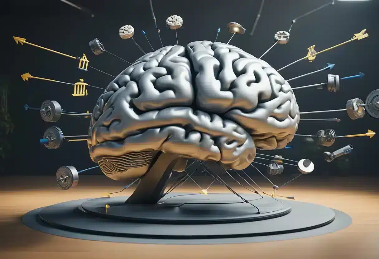 A brain surrounded by exercise equipment, with arrows pointing from the equipment to the brain, symbolizing the impact of physical activity on memory function
