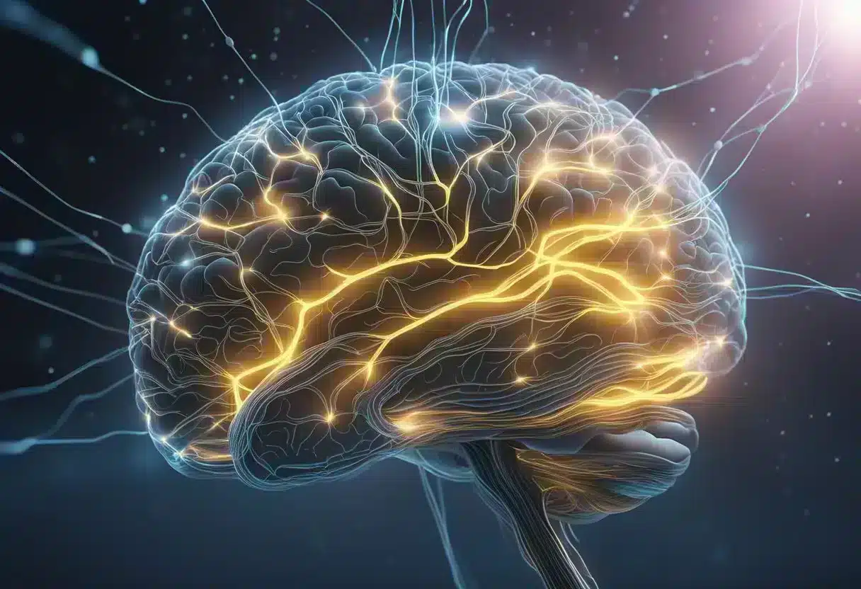 A brain surrounded by glowing neural connections, with intense light and activity emanating from within