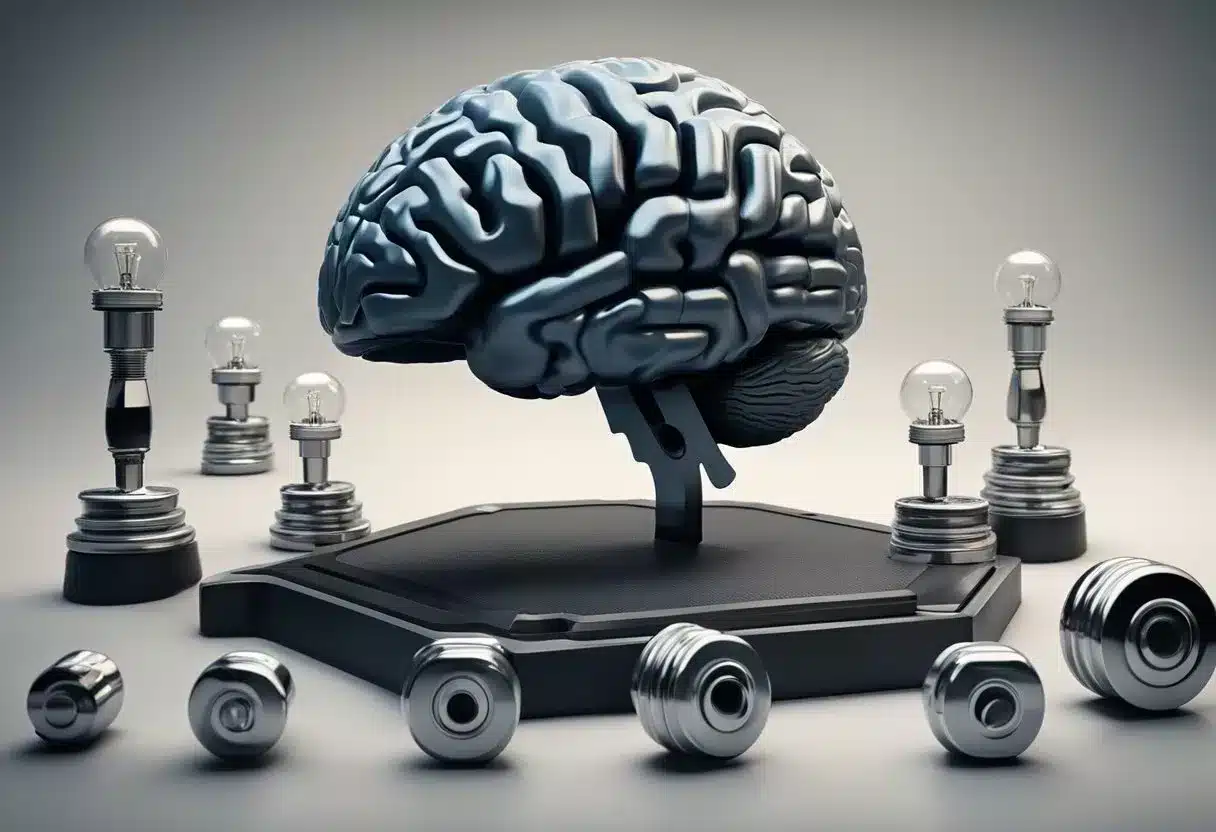 A brain surrounded by glowing neurons, with exercise equipment in the background