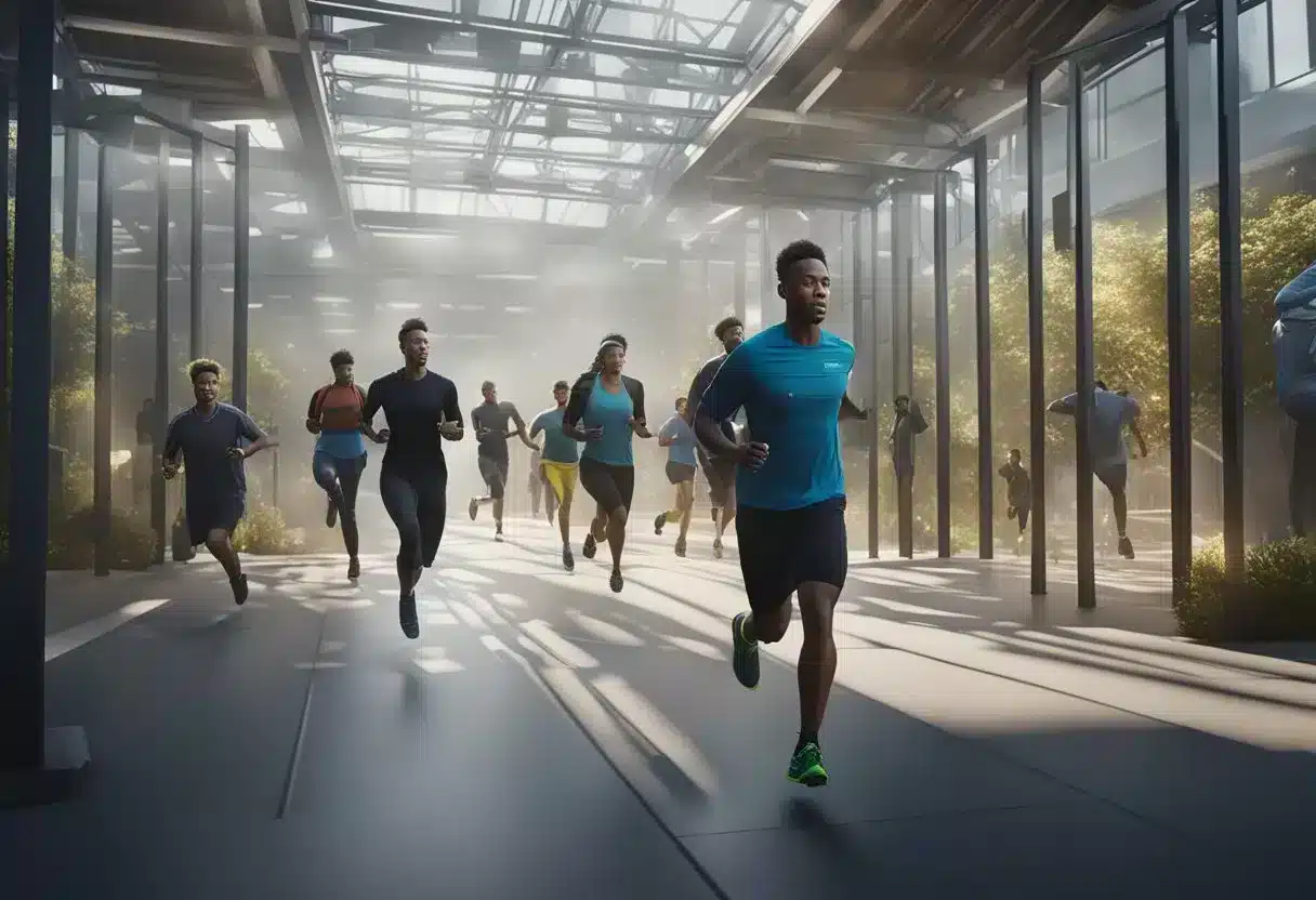 People breaking through barriers, engaging in physical activity, with brain imagery in the background