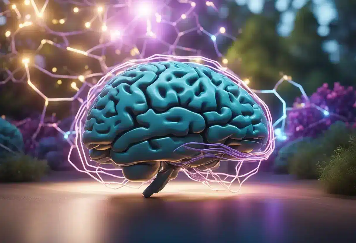 A vibrant brain surrounded by glowing neurons, with exercise equipment and nature elements in the background
