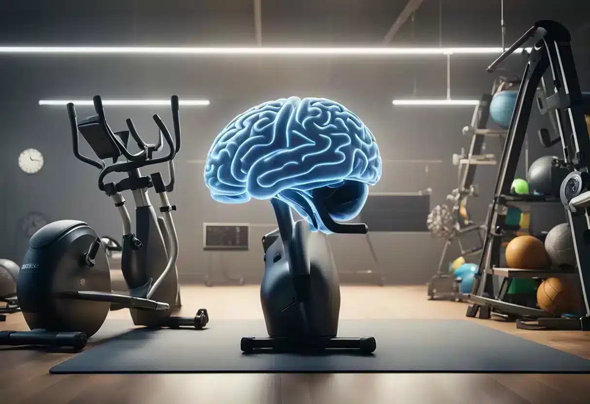 A brain surrounded by various exercise equipment and scientific tools, showcasing the connection between physical activity and brain health