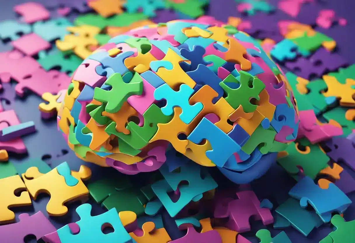 Colorful brain-shaped puzzle pieces scattered on a vibrant background, with question marks and exercise equipment