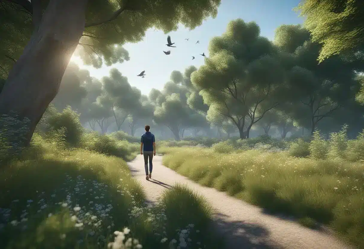A person walking on a nature trail with a clear blue sky, surrounded by trees and greenery, with birds flying overhead and a gentle breeze