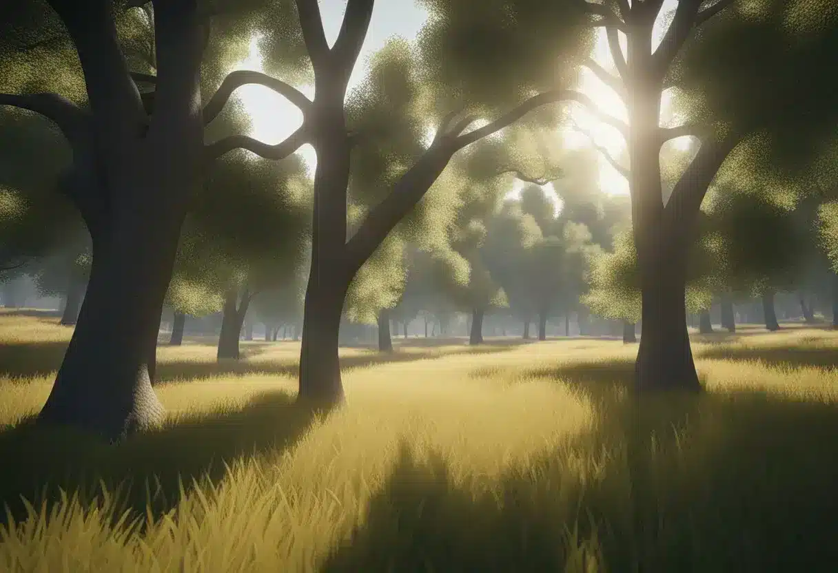 Sunlight filters through trees onto a serene, open meadow. A gentle breeze rustles the grass. A sense of calm and rejuvenation fills the air