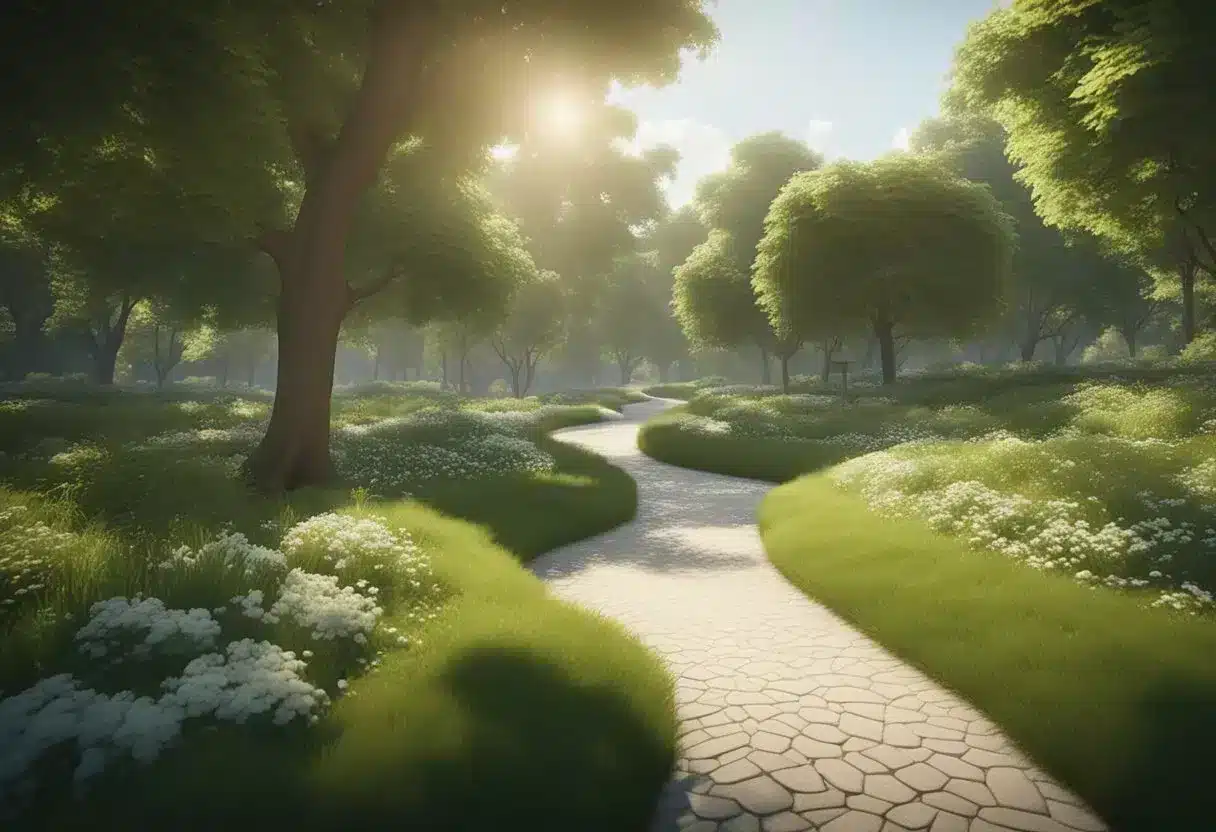 A bright, sunlit park with lush greenery and a winding path. A sense of energy and vitality emanates from the scene, evoking the positive impact of exercise on mood and neurological well-being